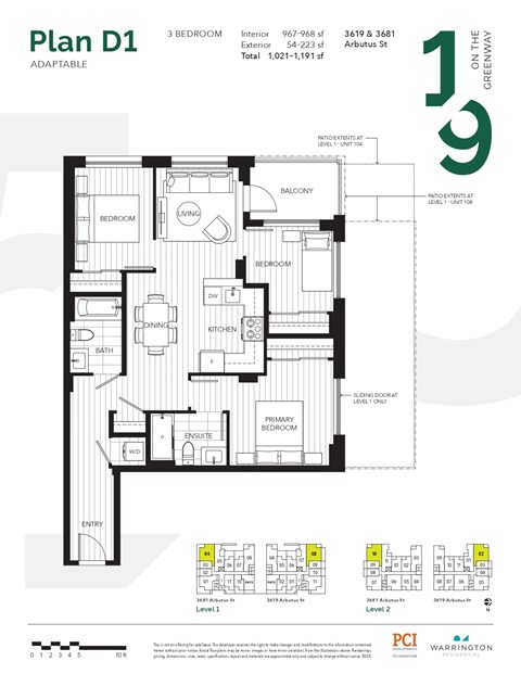 Floor plan for 3 beds, 2 baths, 967 sqft